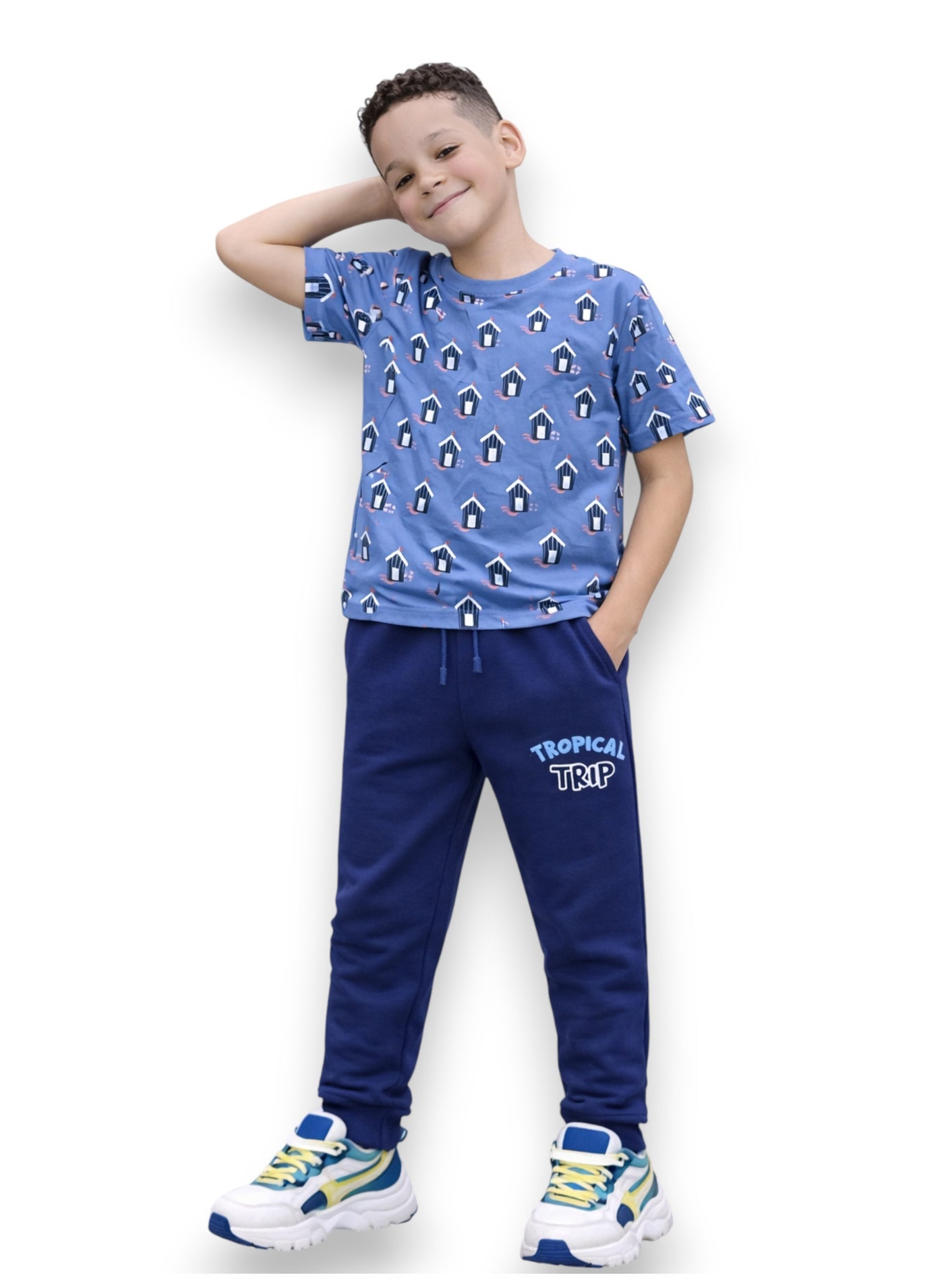 victor and jane Boys’ 2-Piece Set – All-Over Print T-Shirt & “Tropical Trip” Joggers